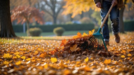 Autumn Cleanup: Raking Fallen Leaves in a Park
