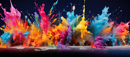 A vibrant burst of various hues of paint dispersed in the atmosphere