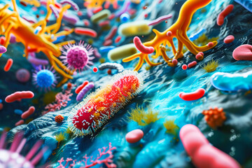 A dive into cellular biology. Various microorganisms viruses and bacteria under the microscope. Concept microbiology and biotechnology, scientific research, immunology, disease prevention - obrazy, fototapety, plakaty