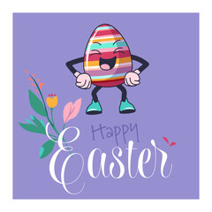 Easter poster with happy Holiday personage Groovy egg character among spring flower - 764891581
