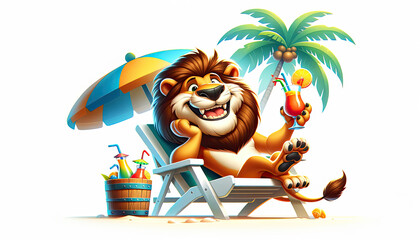 A smiling lion lounges on a beach chair under the parasol, sipping a tropical cocktail, evoking a relaxing vacation vibe in a sunny paradise. Concept travel agency, advertisement, postcard, holiday