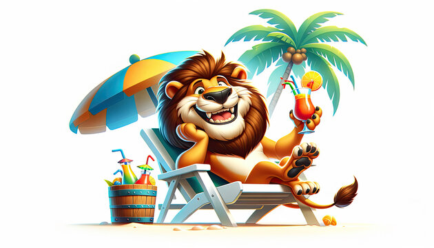 A smiling lion lounges on a beach chair under the parasol, sipping a tropical cocktail, evoking a relaxing vacation vibe in a sunny paradise. Concept travel agency, advertisement, postcard, holiday