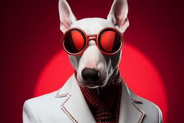 A stylishly dressed bullterrier in big sunglasses and white suit. A purebred dog, dressed in a fashionable outfit, exuding a cool personality as it poses for a studio portrait. AI-generated - obrazy, fototapety, plakaty