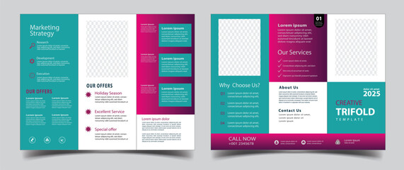 Tri fold Business Brochure Template Layout. Corporate Design Leaflet with Replaceable Image Shape. colorful Template triple folding brochure printing