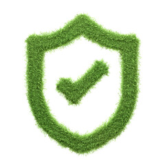 A green grass textured checkmark within a shield, symbolizing protection, approval, and commitment to environmental sustainability and security isolated on a white background. 3D render illustration