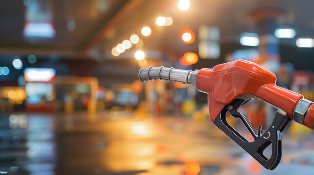 A person is depicted holding a fuel nozzle against the backdrop of a gas station, with the surroundings intentionally blurred. This image evokes the familiar scene of refueling a vehicle, highlighting