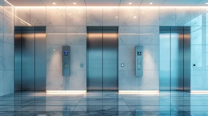 Foto op Plexiglas In a business lobby or hotel setting, modern steel elevator cabins stand prominently, exuding sleekness and sophistication. With a wide-angle perspective, the scene captures the contemporary design © Bahram
