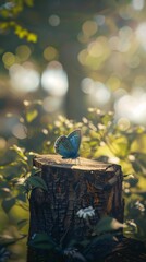 Butterfly on a stump in the forest. Nature background.