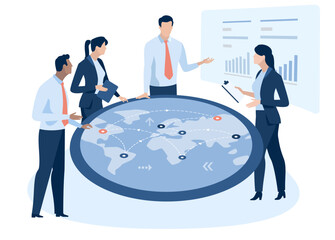 Global trade, investing. A team discussing around a round table with a map of the Earth. Business vector illustration.