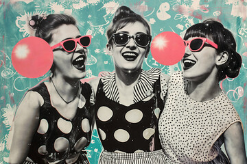 Pop collage Illustration of beautiful retro women with sunglasses over colorful and vibrant...