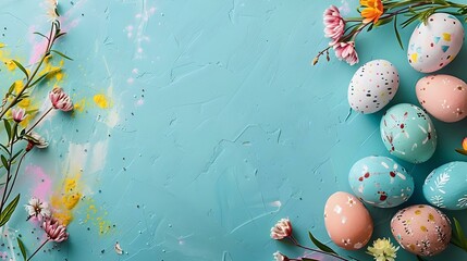 Colorful easter eggs decorated with flowers on a pastel blue background. celebrate spring with festive decorations. perfect for holiday themes. AI