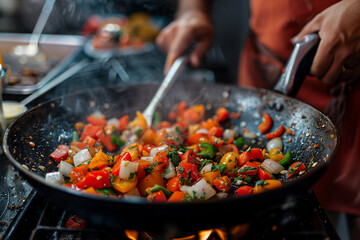 A man fries vegetables in a frying pan.