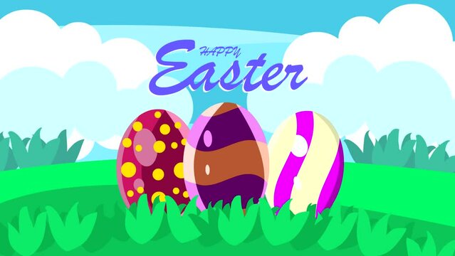 Happy Easter animation with painted eggs on grass.