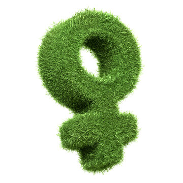 Female gender symbol crafted in lush green grass texture isolated on a white background, representing eco-feminism and environmental gender studies. 3D render illustration