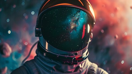 Close-up of an astronaut in a space helmet against a cosmic backdrop. cosmic adventure and exploration theme. ideal for science fiction or educational material. AI