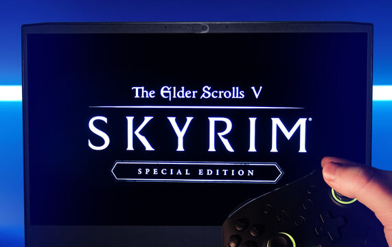 Gamer Plays The Elder Scrolls V: Skyrim With A Gamepad. Stock Editorial Photo. Ukraine. Kiev. 04.14.2024