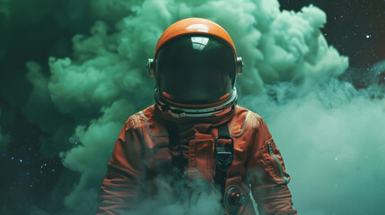 Astronaut in orange suit with green smoky background - obrazy, fototapety, plakaty