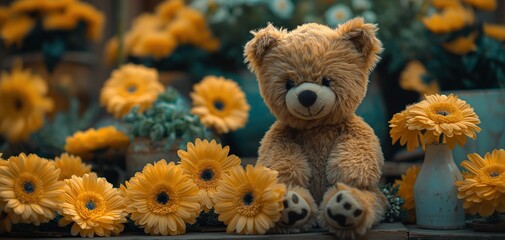 teddy bear background, stuffed toy bear in flower blossom garden cute and cheerful atmosphere, Generative Ai	

