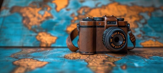 antique world map paper sheet on table with camera, travel and tourism theme, Generative Ai
