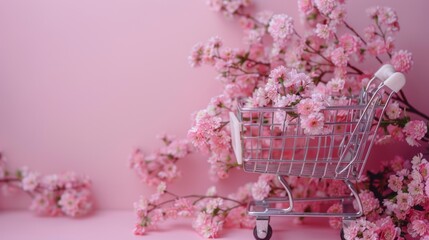 Miniature shopping cart with cherry blossoms on pink background