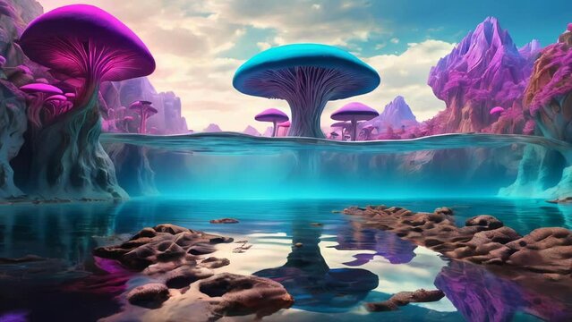 Mushroom Fantasy Landscape Reflection In Suspended Water, Generative AI