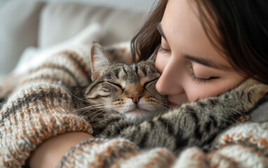 Gentle embrace: young woman cuddling adorable cat in cozy living room, celebrating the bond of domestic companionship