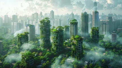 Artistic representation of a futuristic city skyline blending cutting-edge architecture with lush green spaces and sustainable infrastructure.