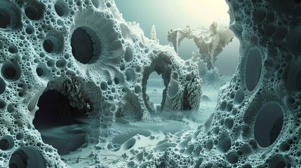 Surreal alien landscape with hive-like structures, artistic concept by AI. ethereal terrain, fantasy design. AI - obrazy, fototapety, plakaty