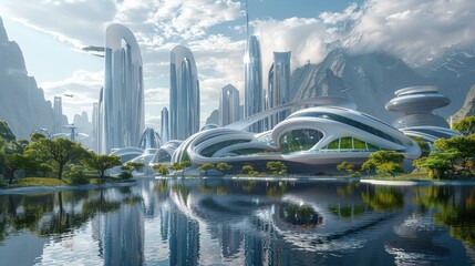 Artistic vision of a futuristic city skyline showcasing bold architectural designs renewable energy solutions and a harmonious coexistence with nature.