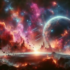 A vivid cosmic landscape unfolds with a colossal planet rising over a molten horizon. Meteor showers and a vibrant nebula illuminate the dark expanse, casting a surreal glow. AI generation