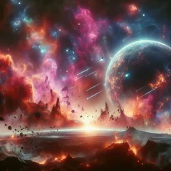 Tuinposter Donkerrood A vivid cosmic landscape unfolds with a colossal planet rising over a molten horizon. Meteor showers and a vibrant nebula illuminate the dark expanse, casting a surreal glow. AI generation