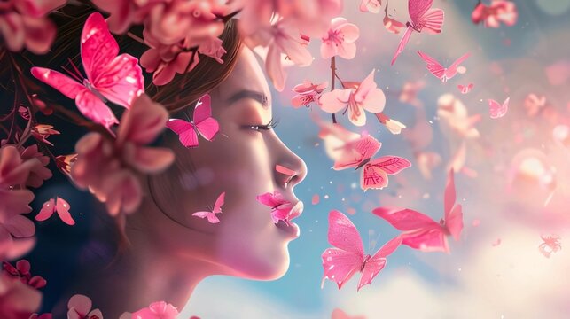 Double exposure of beautiful woman face with pink flowers and butterflies flying around
