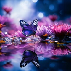 Beautiful butterfly on pink flowers reflected in water with bokeh background