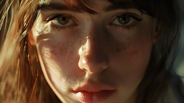 genuine gaze: a close-up of a young brunette with green eyes and freckles, embodying sincerity and calm