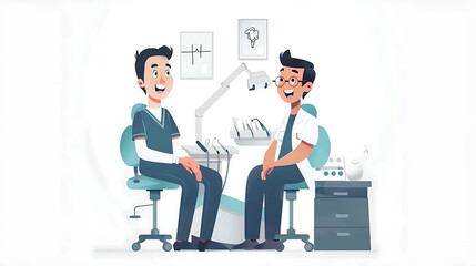 smiles all around: a cartoon dentist cheerfully explains procedures to a patient
