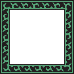 Vector green with black Square Kazakh national ornament. Ethnic pattern of the peoples of the Great Steppe, .Mongols, Kyrgyz, Kalmyks, Buryats. Square frame border.