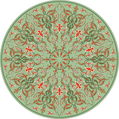 Vector template for stained glass. Turkish classic ornament for floor, ceiling. Green Muslim round pattern..