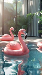 A pink flamingo float is in a pool with other pink flamingo floats