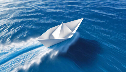 Aerial view of a white paper boat runs fast over the blue sea with wake. Generative Ai.