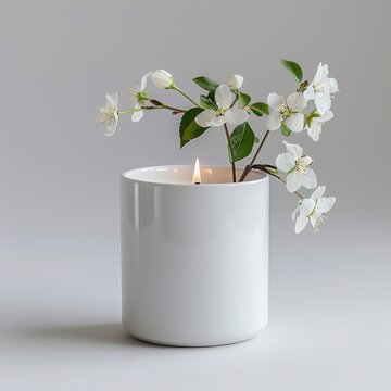 Scented candle mockup in cylindrical cup, pure white background, simple decoration, fresh flowers, product photography