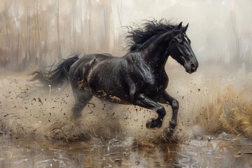 A black horse is running through the water