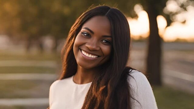 A beautiful black woman smiling to the camera at sunset 