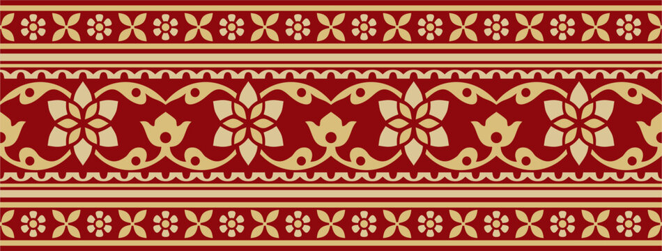Vector seamless gold and red Indian national ornament. Ethnic endless plant border. Flowers frame. Poppies and leaves..