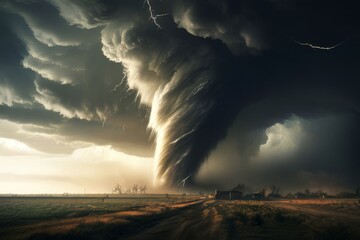 A tornado in a rural landscape. Twin Tornadoes - obrazy, fototapety, plakaty