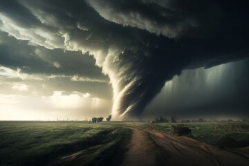 A tornado in a rural landscape. Twin Tornadoes - obrazy, fototapety, plakaty