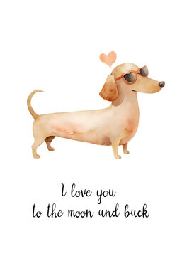 Watercolor illustration card with dog, heart, lettering. Isolated on white background. Perfect for flyer, card, postcard, tags, invitation, printing, wrapping, poster, banner. 

