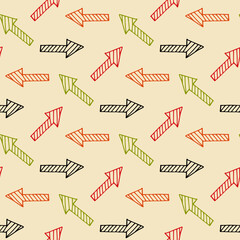 Seamless pattern with multicolored arrows on light yellow background. Vector image.
