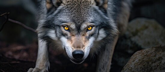 In the woods, a wolf with distinctive yellow eyes is strolling through the natural surroundings