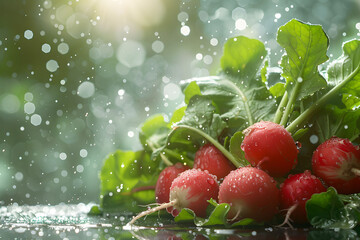 Fresh radishes with water droplets in vibrant detail - obrazy, fototapety, plakaty