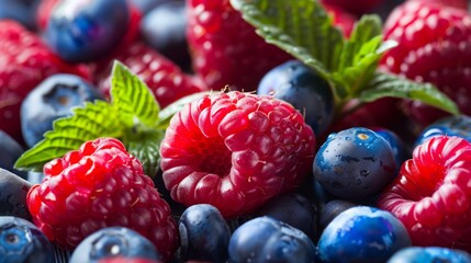 Fototapeta na wymiar Pile of Fresh Berries and Raspberries With Green Leaves
